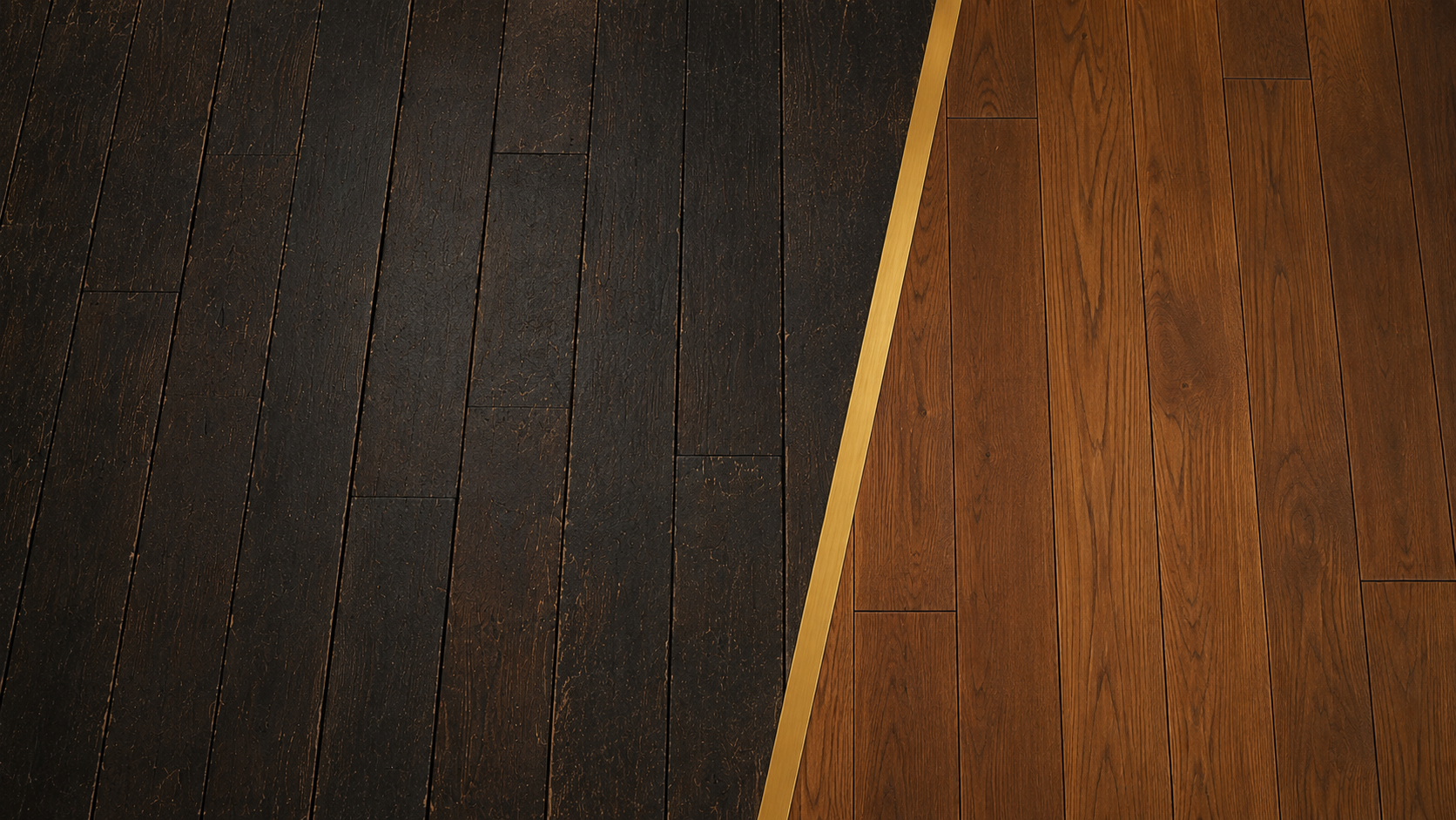 Split view of dark-stained and warm natural hardwood floors