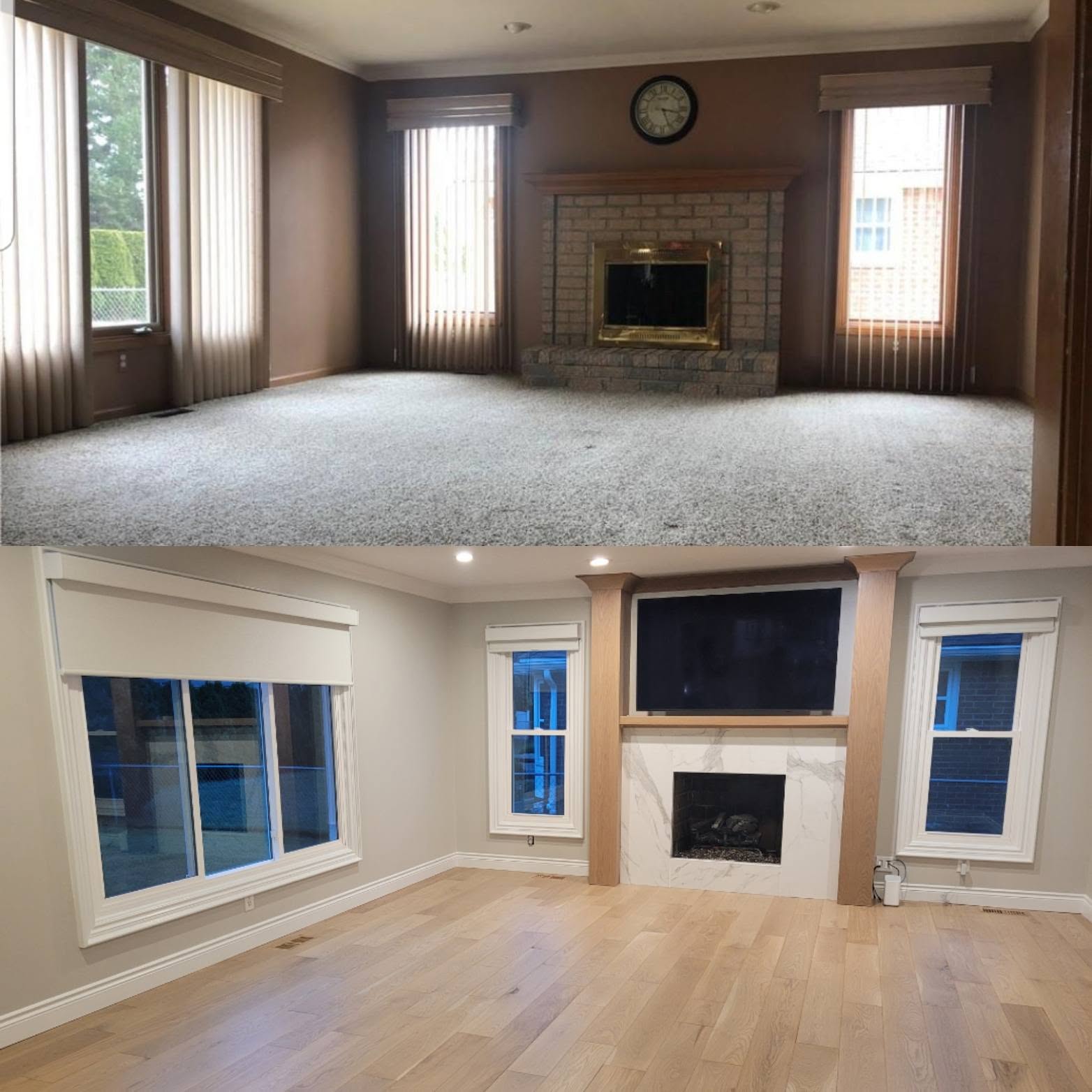 Living room before and after hardwood flooring